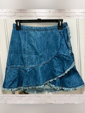 Dance & Marvel Blue Distressed Wrap-Style Denim Mini Skirt
